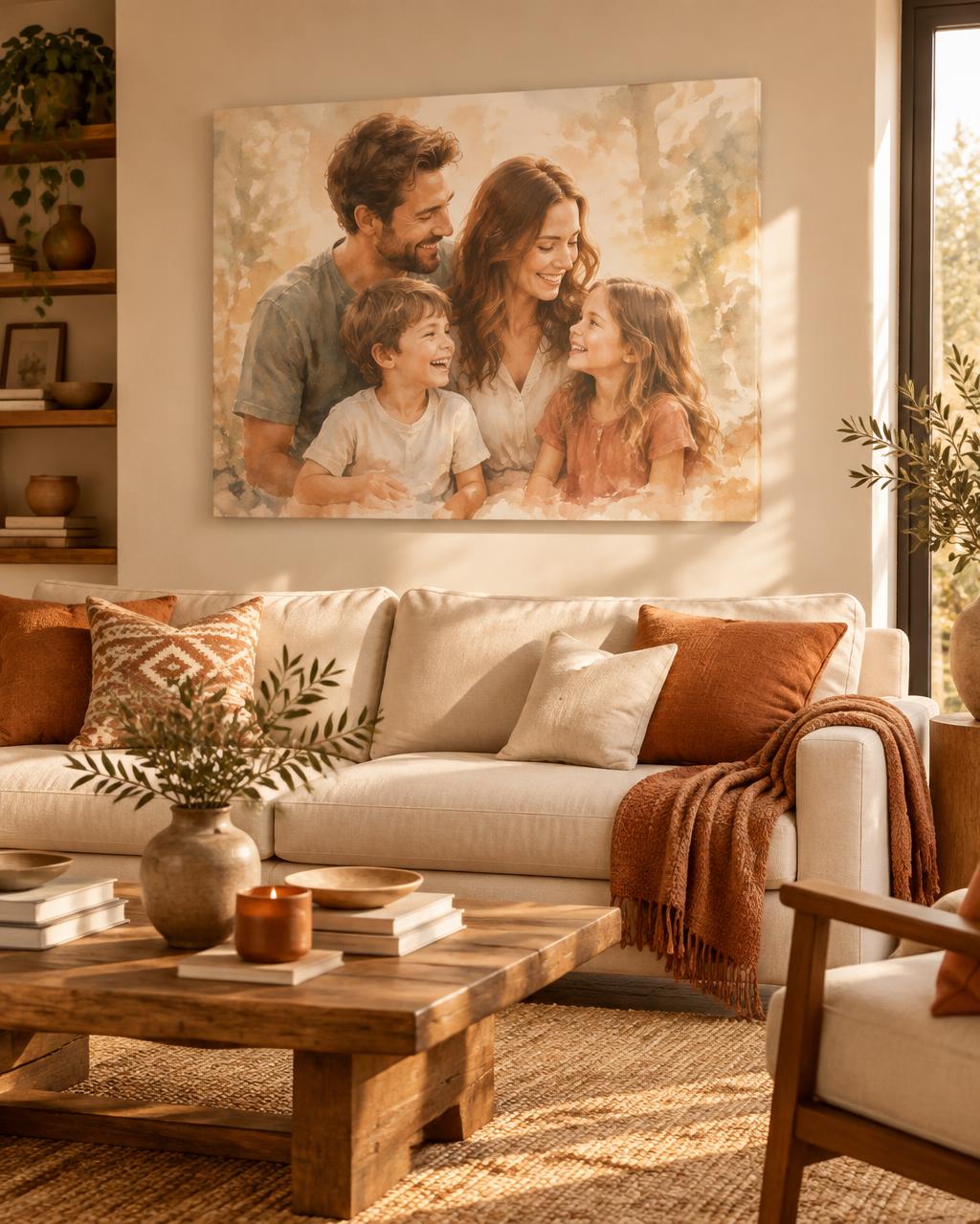 Watercolor family portrait on canvas in a living room